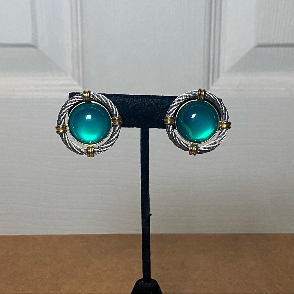 Vintage Cable Wire Earrings with Teal Acrylic Centers